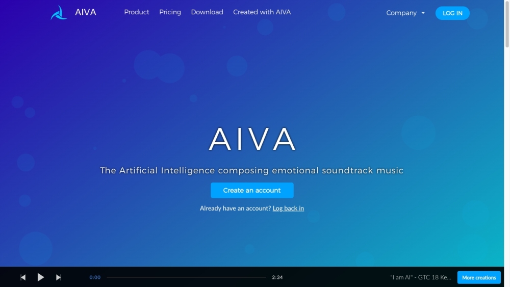 AIVA - The AI composing emotional soundtrack music Website screenshot