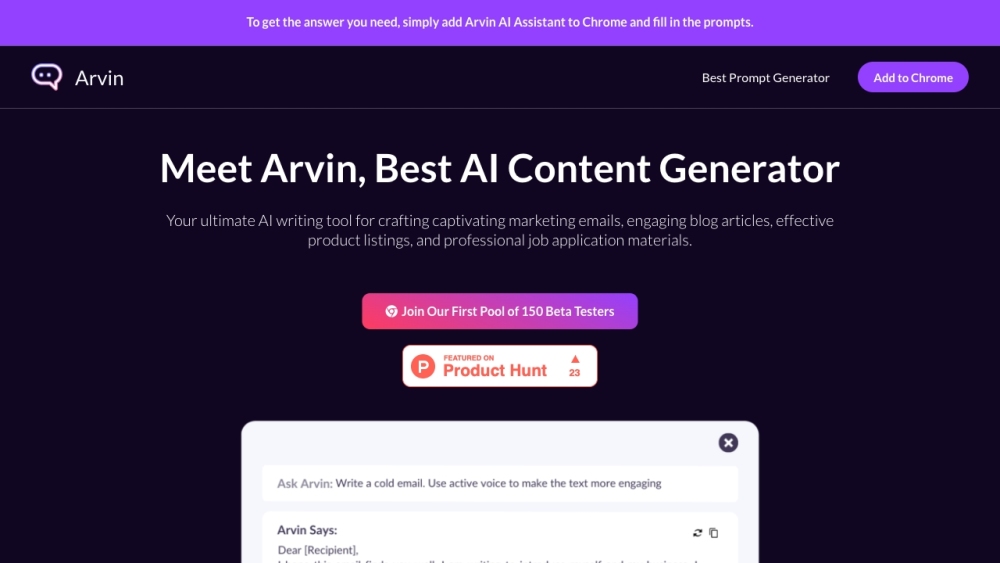 Arvin - Your AI Writing Assistant & Best AI Content Generator Website screenshot