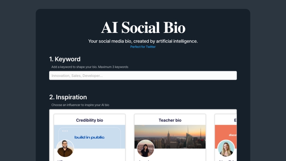 AI Social Bio Website screenshot