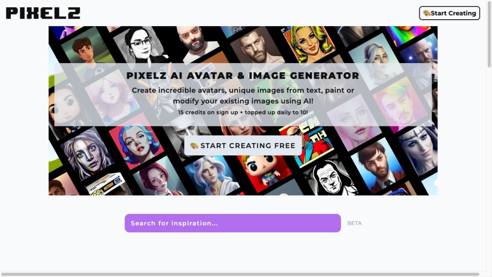 Pixelz AI Art Generator Website screenshot