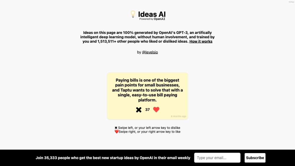 Startup Ideas powered by OpenAI Website screenshot