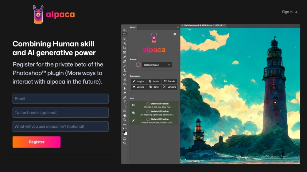 Alpaca - AI Tools Built For Artists Website screenshot