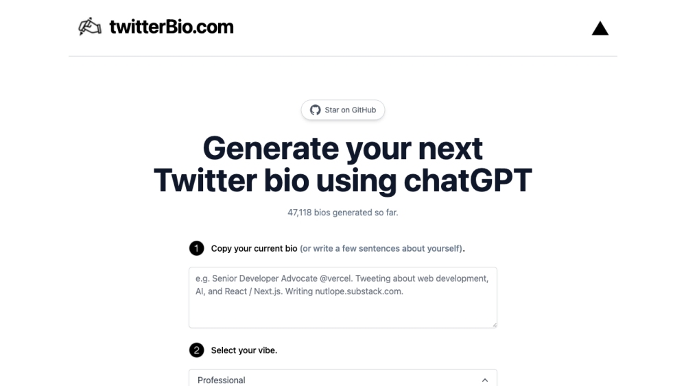 Twitter Bio Generator Website screenshot