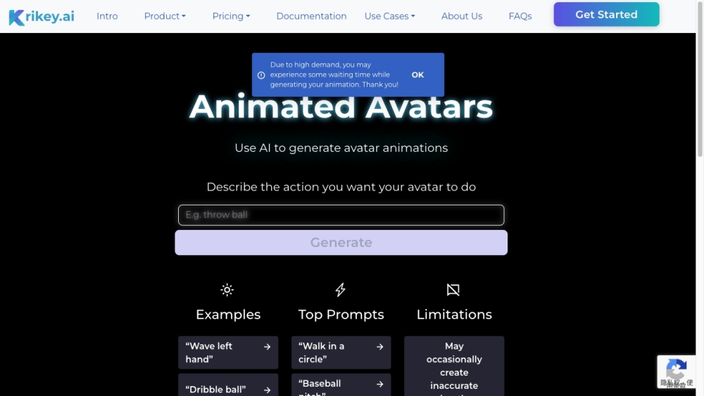 Krikey AI Animation Maker Website screenshot