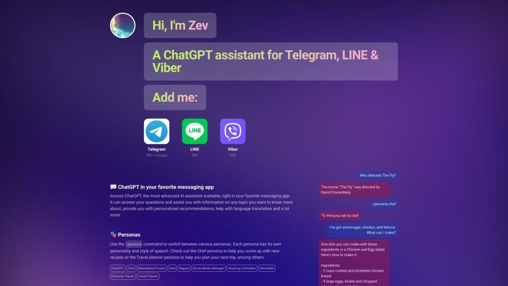 Zev - ChatGPT for Telegram, LINE & Viber Website screenshot