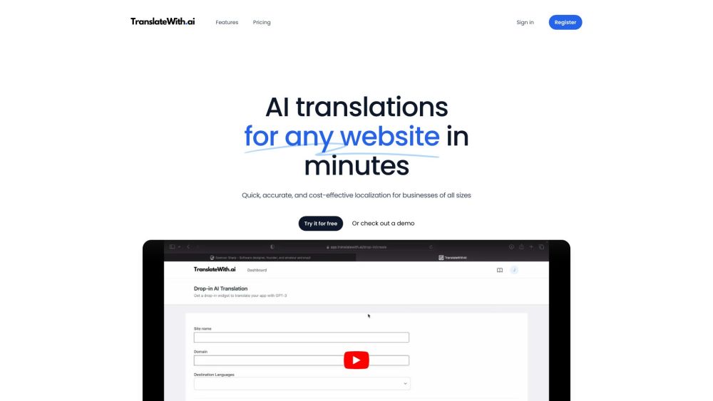 TranslateWith.ai Website screenshot