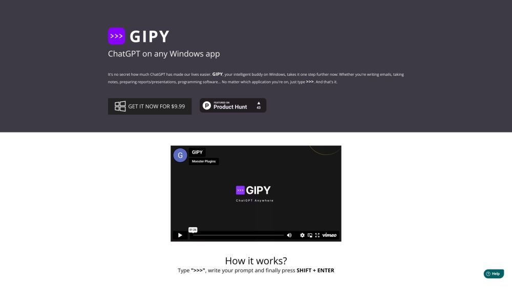 GIPY - Use ChatGPT On Any Windows App Website screenshot