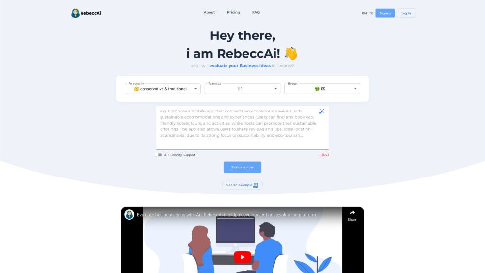 RebeccAi - AI-powered business idea evaluation and validation tool Website screenshot