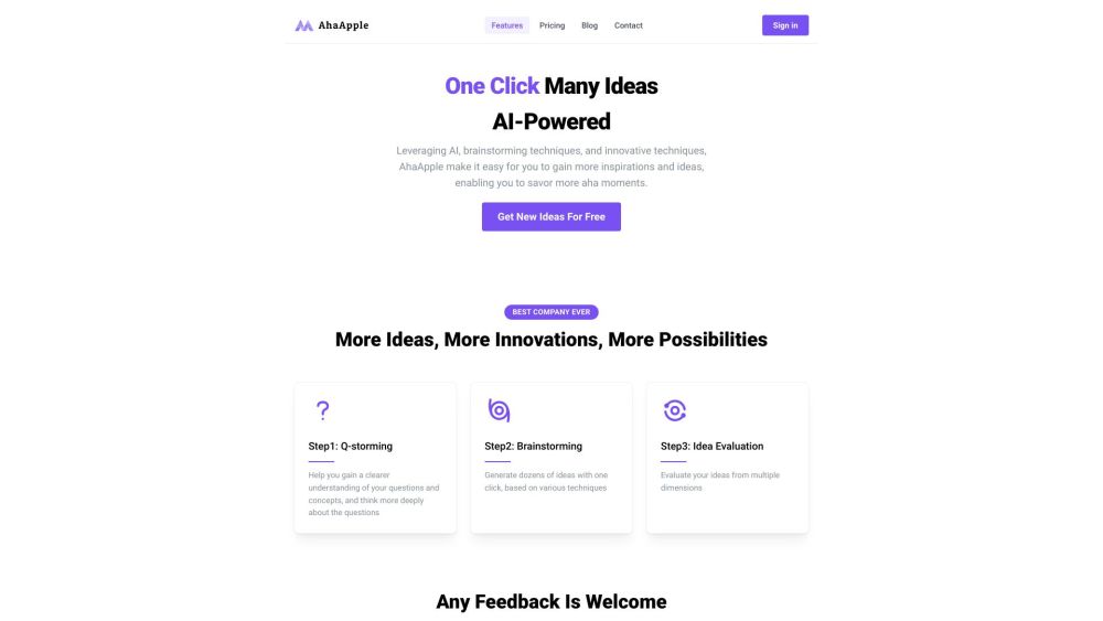 AhaApple - AI Idea Generator - Creative And Novel Ideas Website screenshot