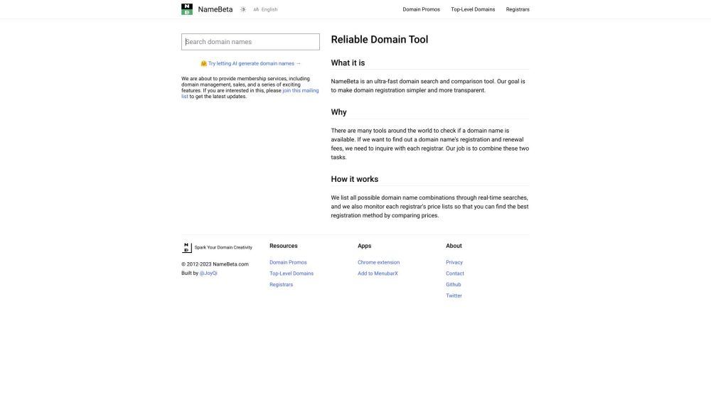 NameBeta Website screenshot