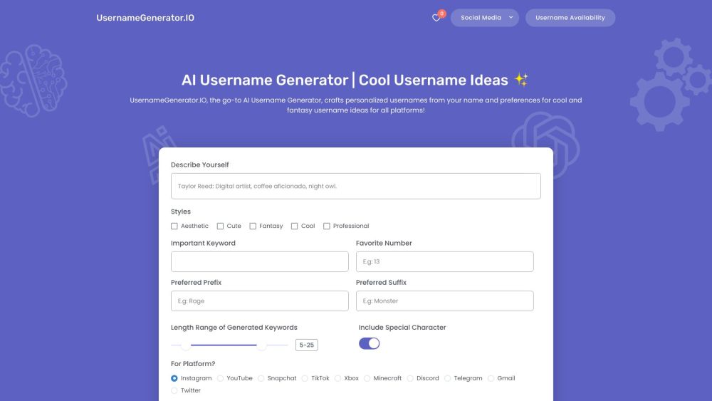 UsernameGenerator.IO Website screenshot