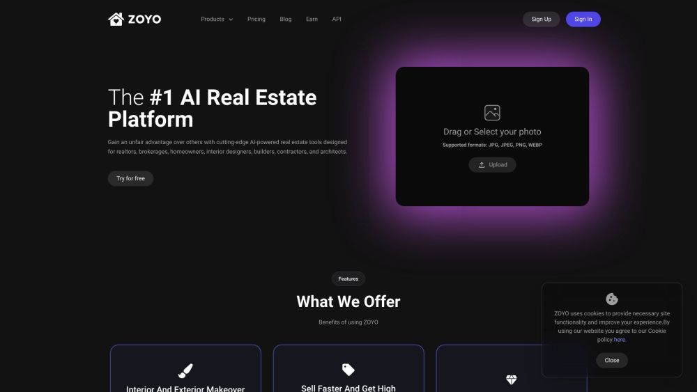 ZOYO - AI Powered Real Estate Tools Website screenshot