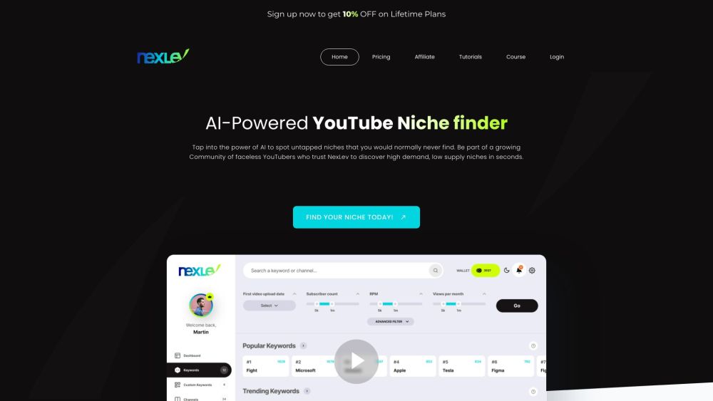 Nexlev - AI-Powered YouTube Niche Finder Website screenshot