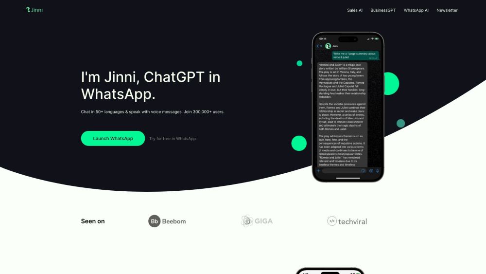 ChatGPT in WhatsApp - Jinni AI Website screenshot