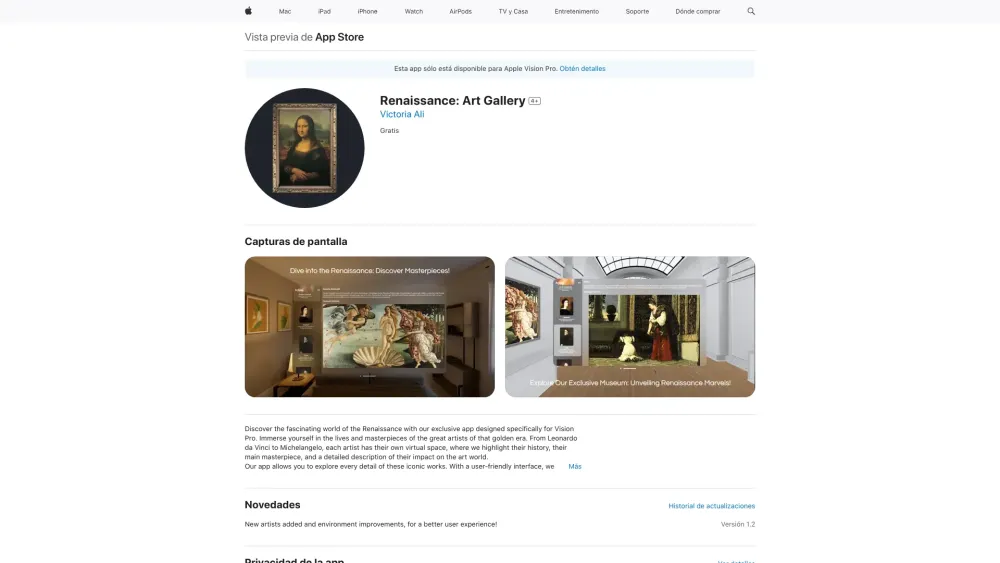 Museum of Renaissance Art for Vision Pro Website screenshot