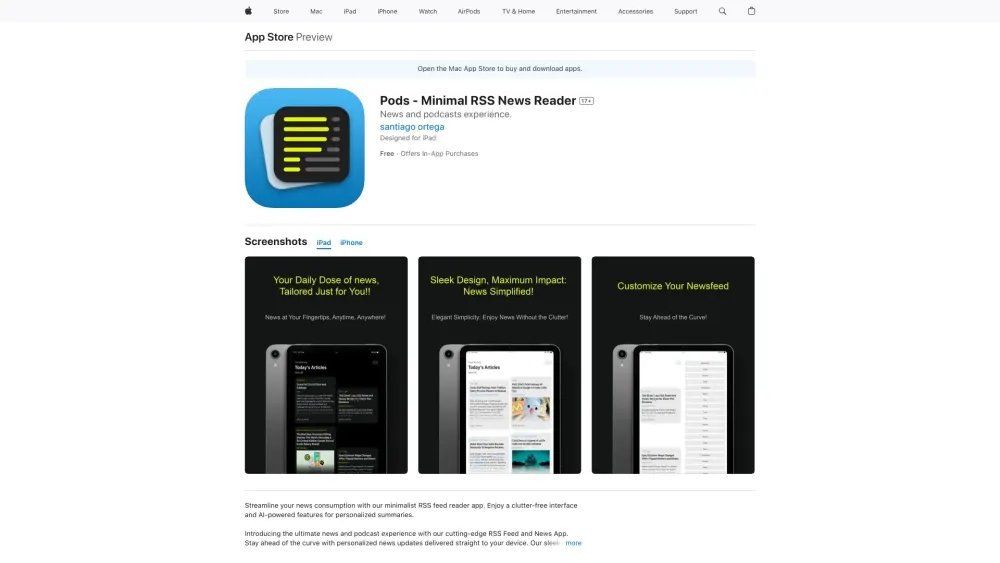 Pods - Minimal RSS News Reader Website screenshot