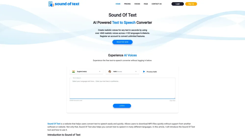 Sound of Text Website screenshot