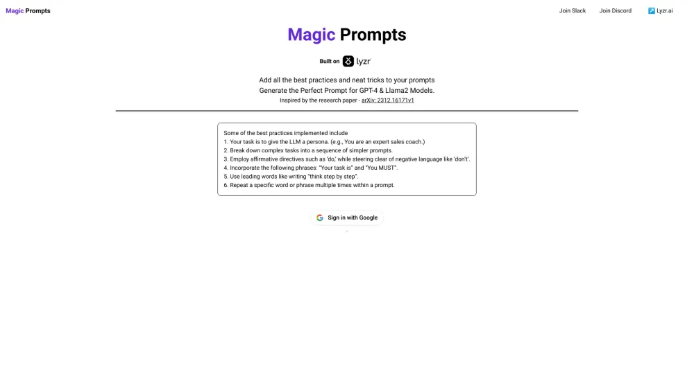 Magic Prompts Website screenshot