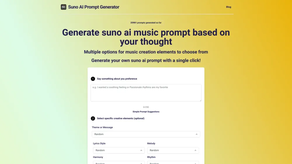 Suno AI Music Prompt Generator Website screenshot