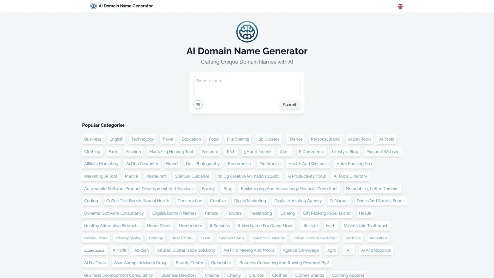 Multilanguage AI Domain Name Generator Website screenshot