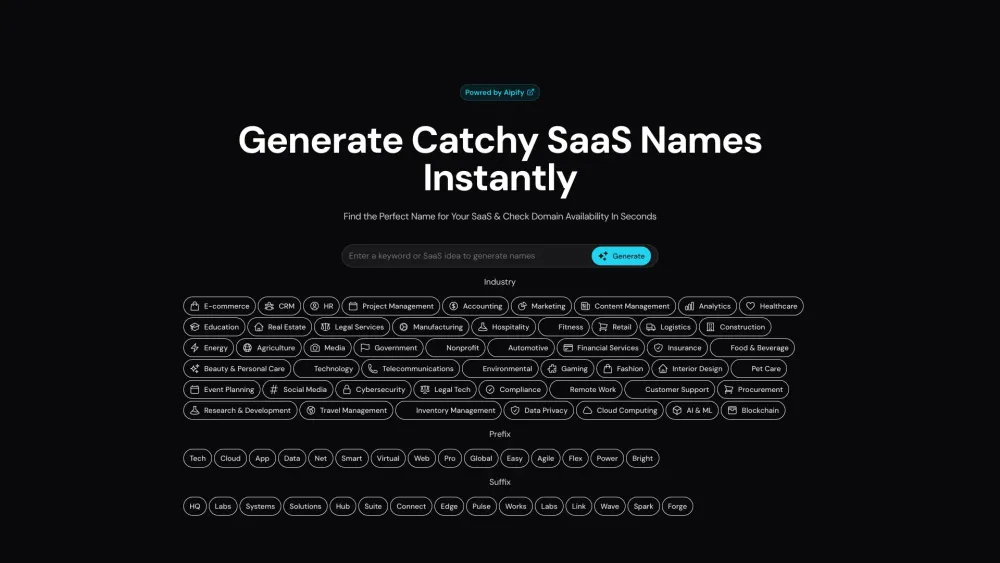 SaaS Name Generator Website screenshot