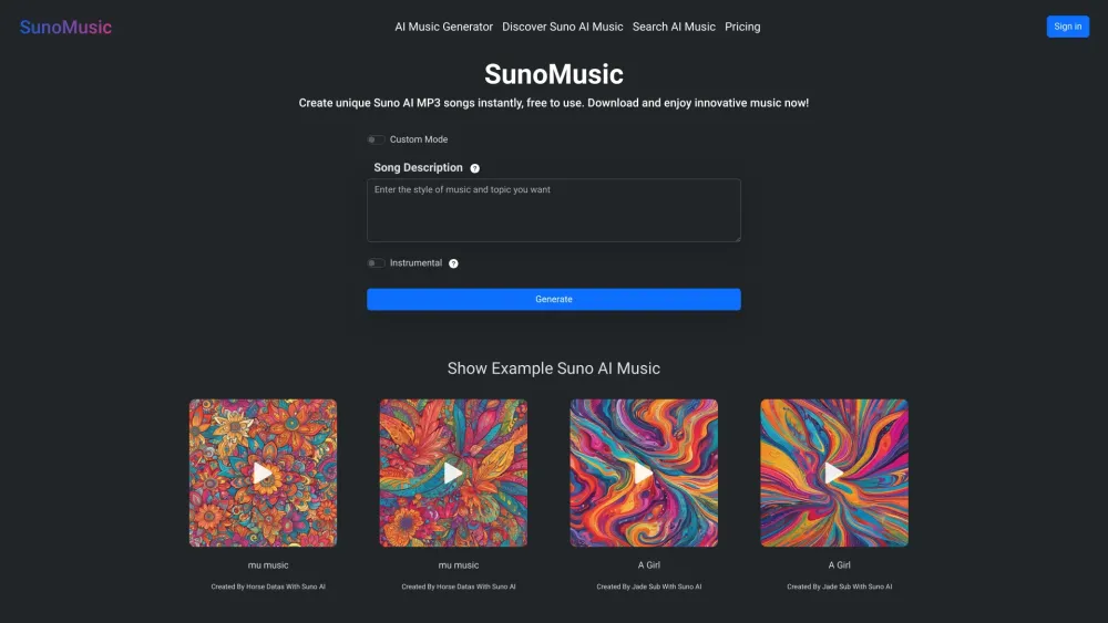 SunoMusic Website screenshot