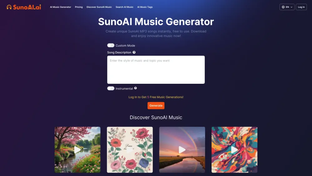 SunoAI Music Generator Website screenshot