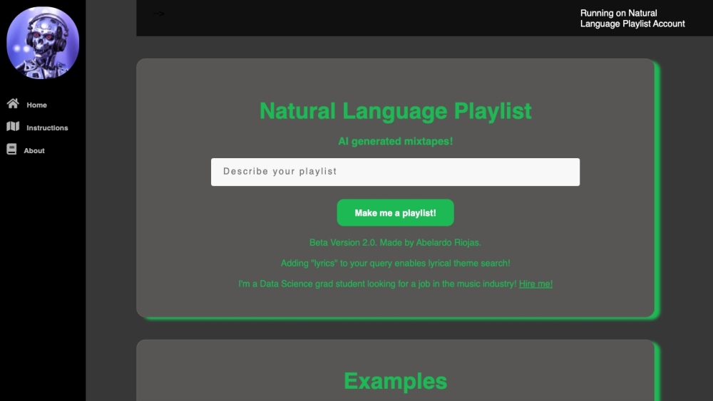 Natural Language Playlist Website screenshot