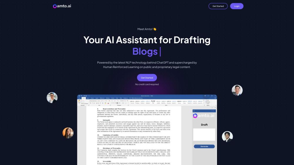 Amto AI - World's First AI Legal Assistant for Drafting Powered by GPT3 Website screenshot