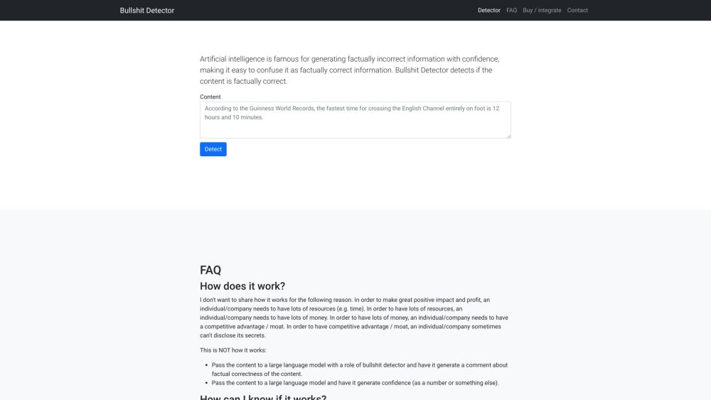 Bullshit Detector for AI generated content Website screenshot