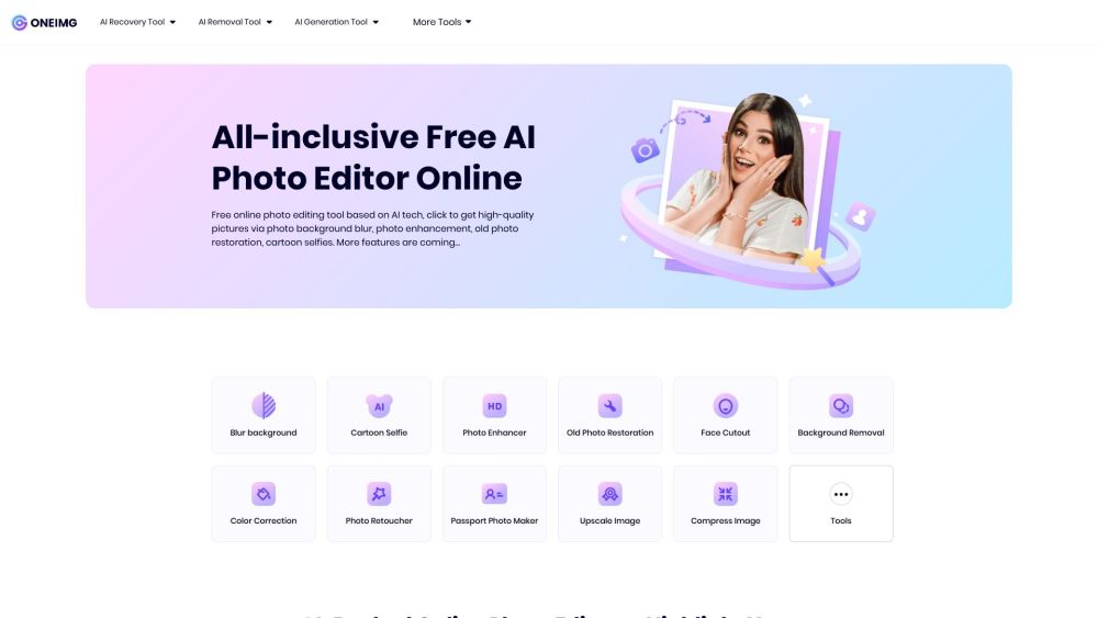 ONEIMG | Free AI Photo Editor & Online Photo Enhancement Tool Website screenshot