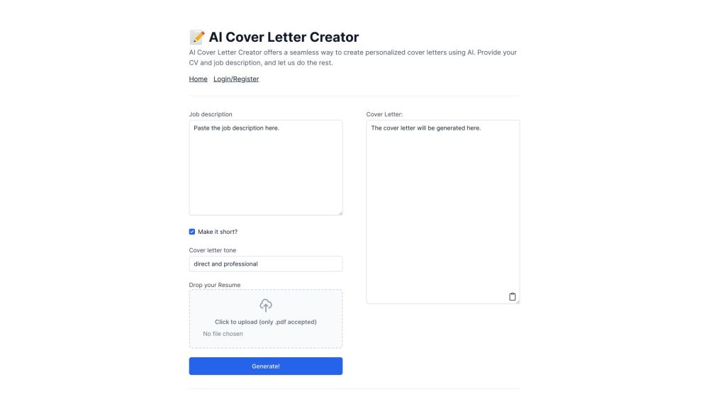 AI Cover Letter Creator Website screenshot