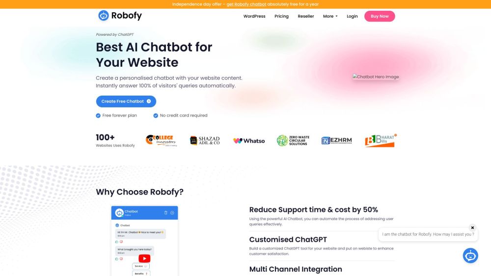 AI Chatbot Builder for Your Website - Robofy Website screenshot