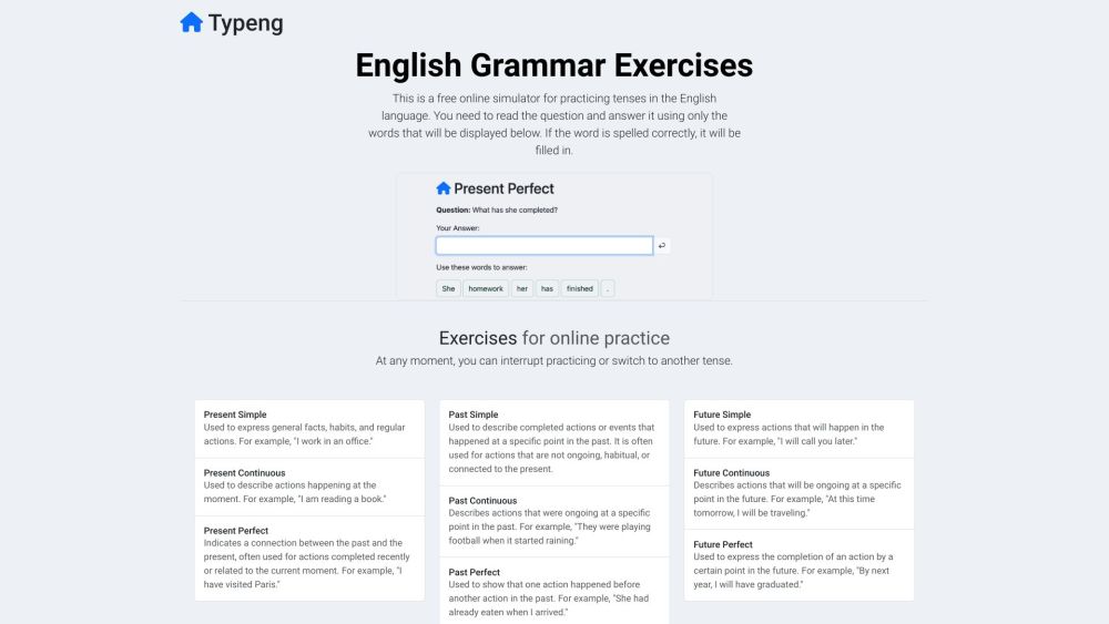 Typeng English Grammar Exercises Website screenshot