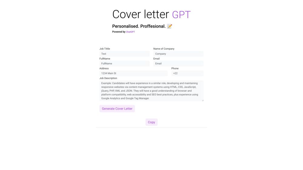 ChatGPT Cover Letter Builder Website screenshot