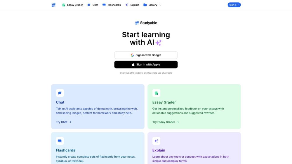 Studyable - AI Learning Tools & Flash Cards Website screenshot