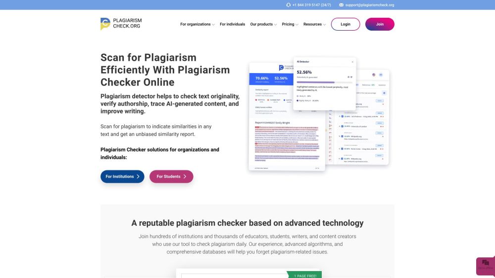 PlagiarismCheck Website screenshot