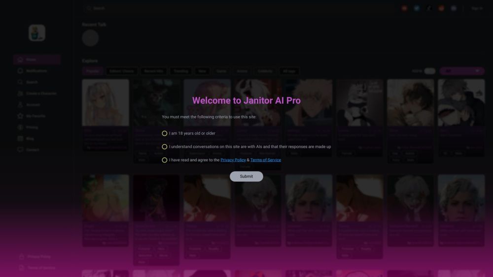 Janitor AI Pro Website screenshot