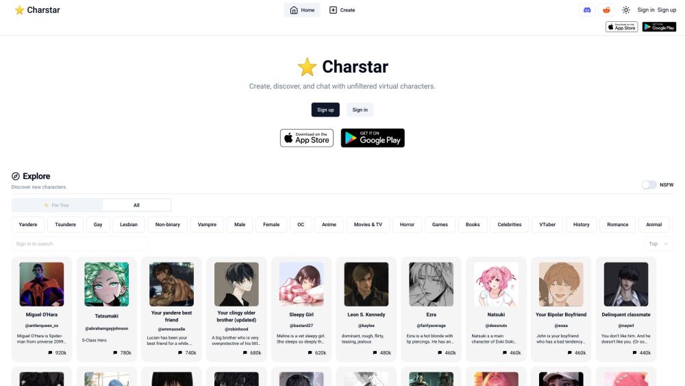 Charstar Website screenshot