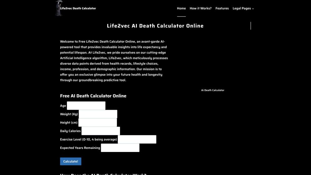 Life2vec AI Death Calculator Online Website screenshot