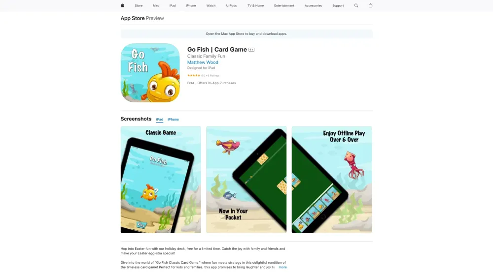 Single Player iOS Go Fish Website screenshot