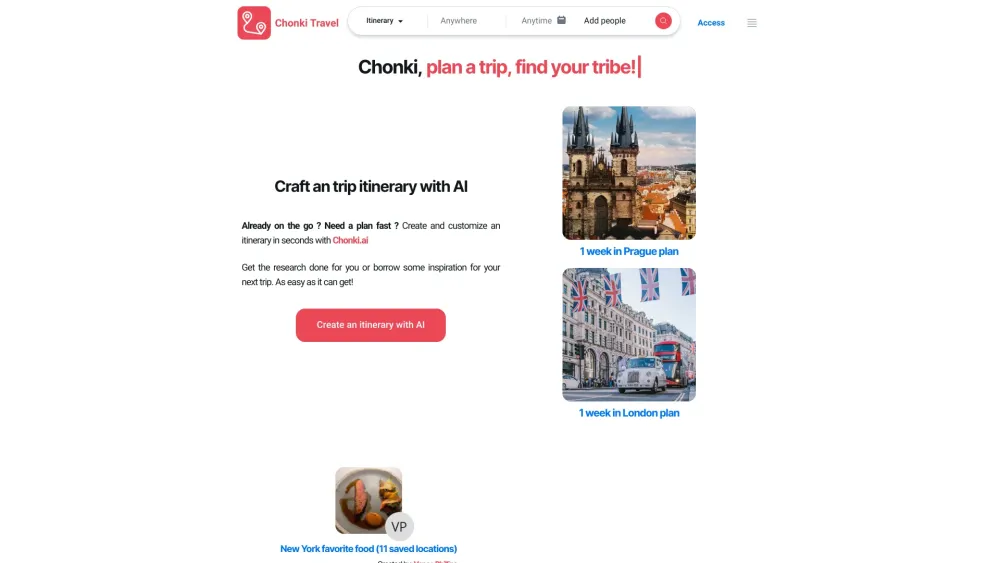 Chonki - Travel community and itinerary planner Website screenshot