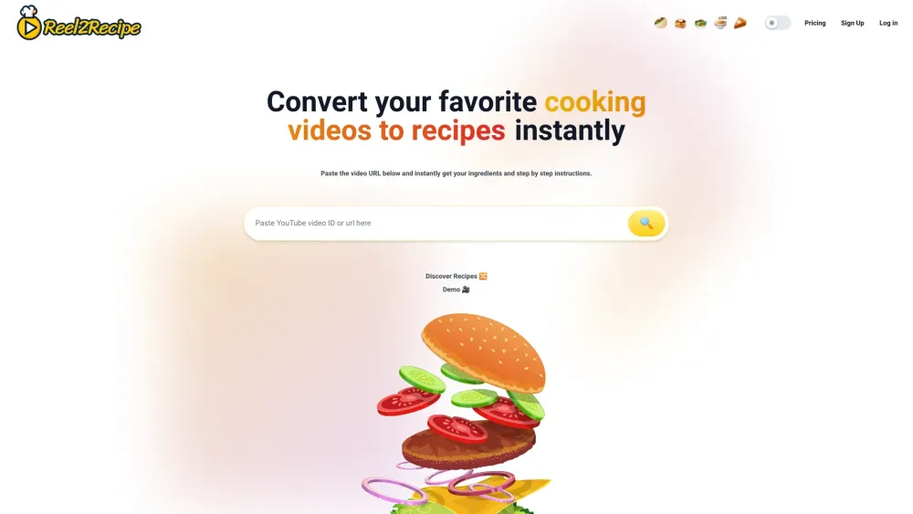 Reel2Recipe Website screenshot