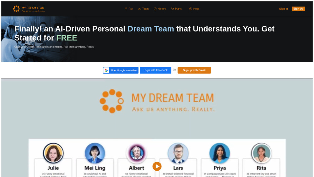 MyDreamTeam Website screenshot