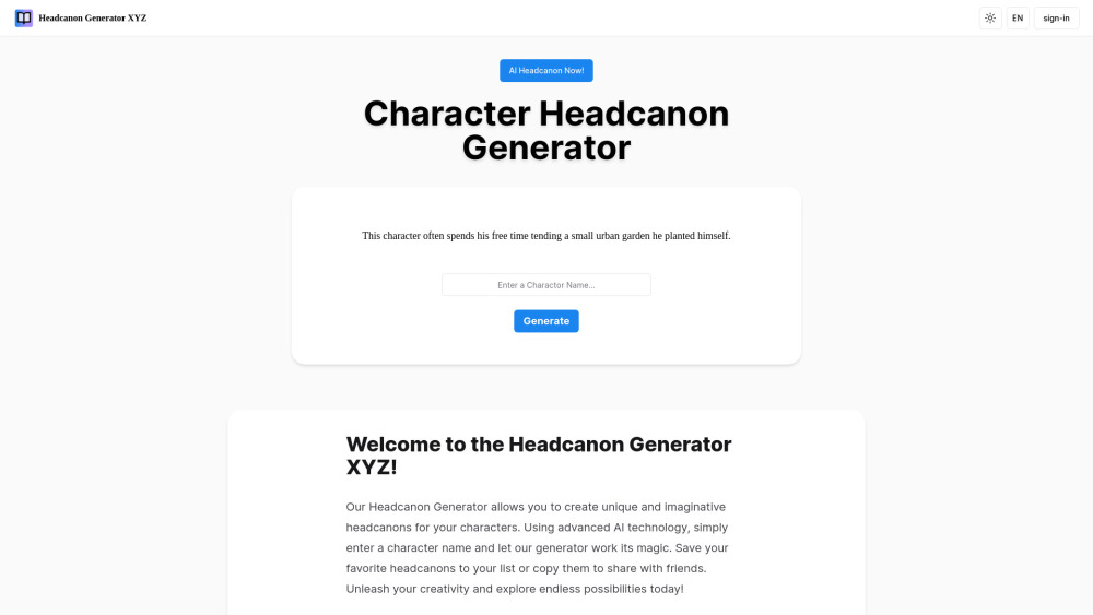 Headcanon Generator XYZ Website screenshot