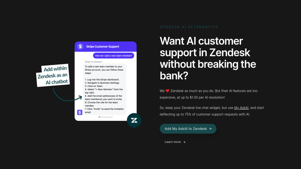 Zendesk AI Alternative Website screenshot