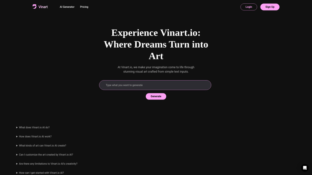 Vinart.io AI Website screenshot