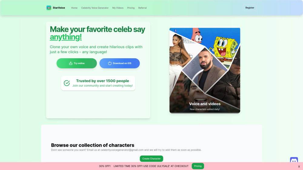 StarVoice | Celebrity AI Voice Generator Website screenshot