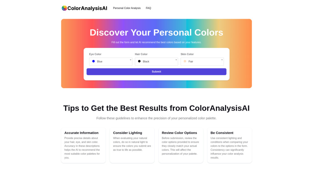 ColorAnalysisAI Website screenshot