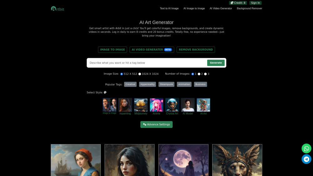 Artbit AI Art Generator Website screenshot